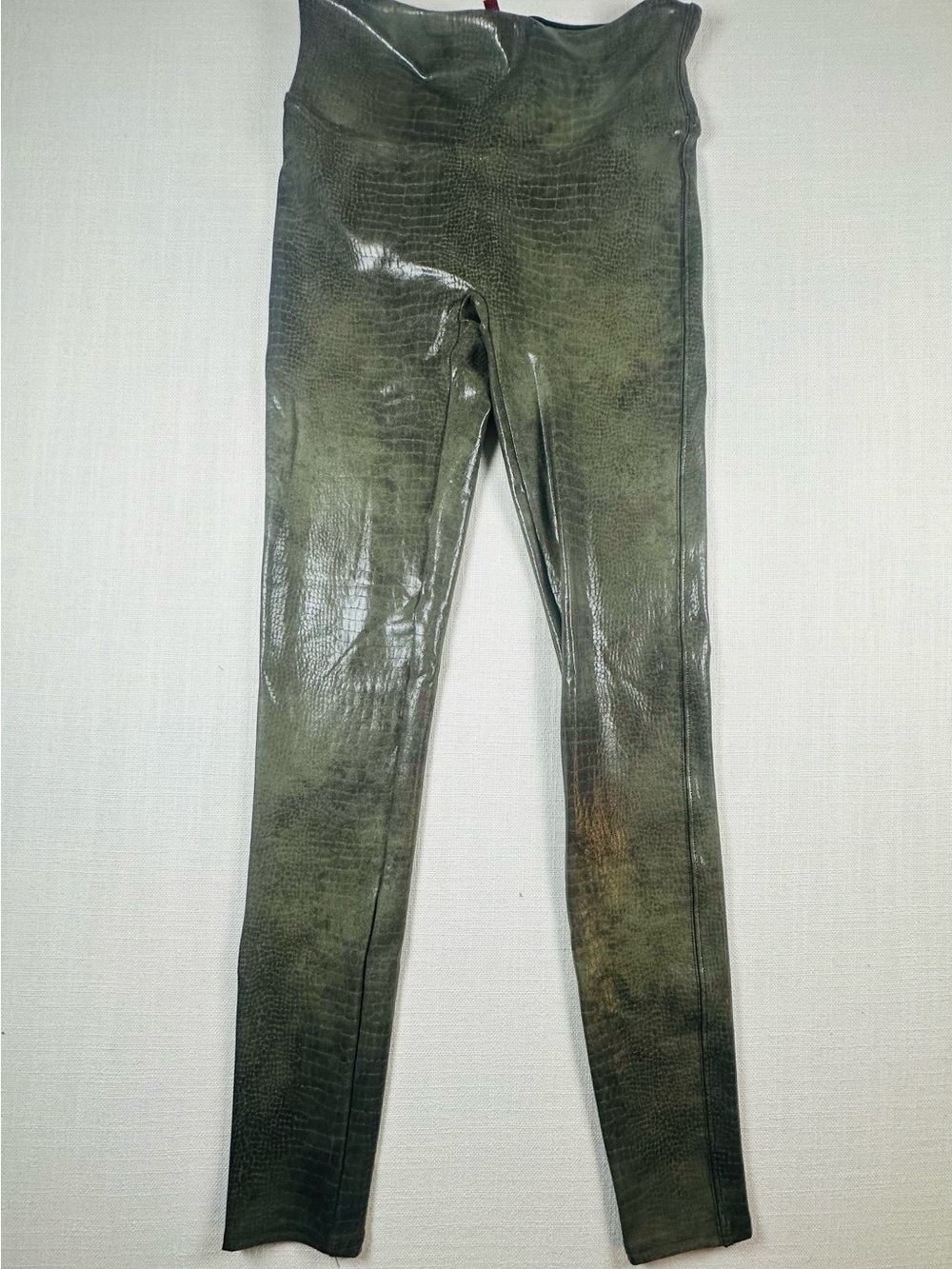 SPANX Olive Green Faux Leather Jeggings with Subtle Croc Texture